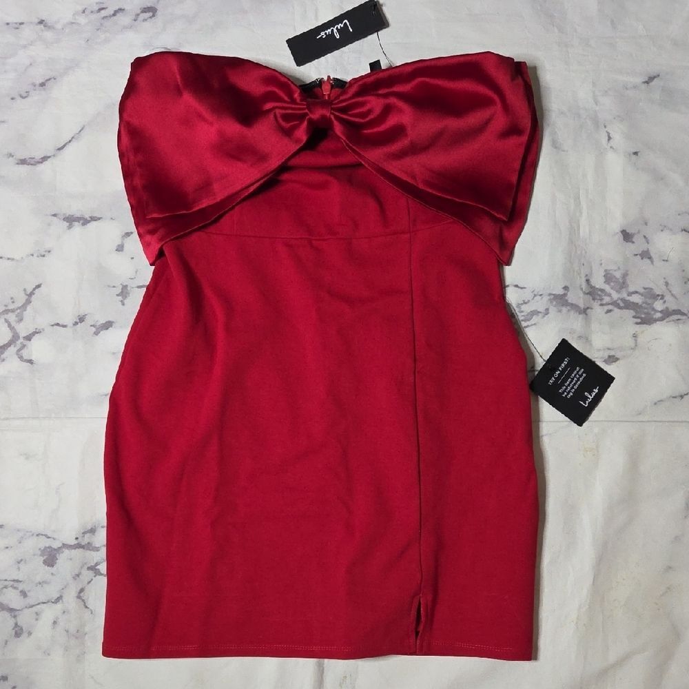 Lulu's Bring The Poise Red Strapless Bow Mini Dress
